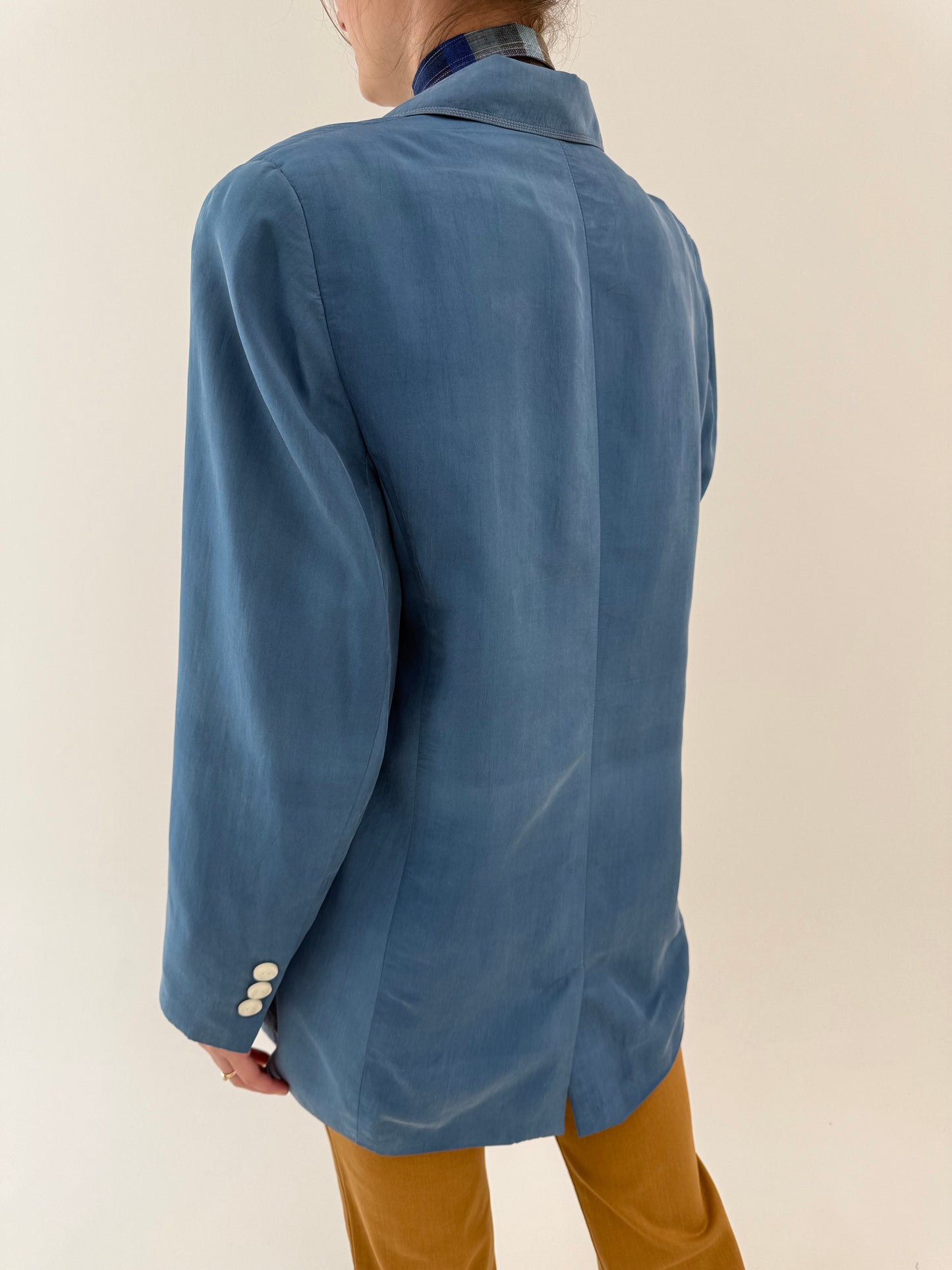 Sacou tall din mătase naturală jeans Blue cu închidere dublă