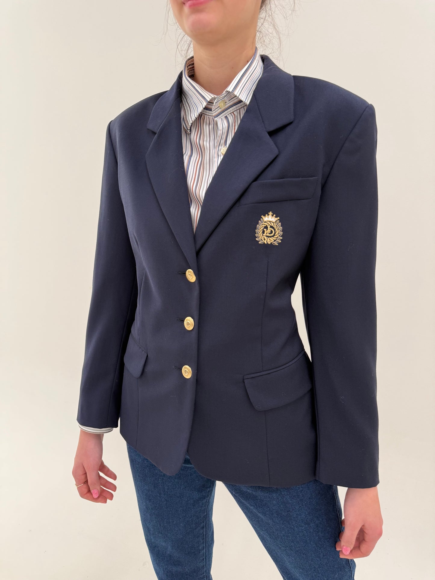 Sacou navy luxury Rocco Barocco cu nasturi aurii si emblema brodată