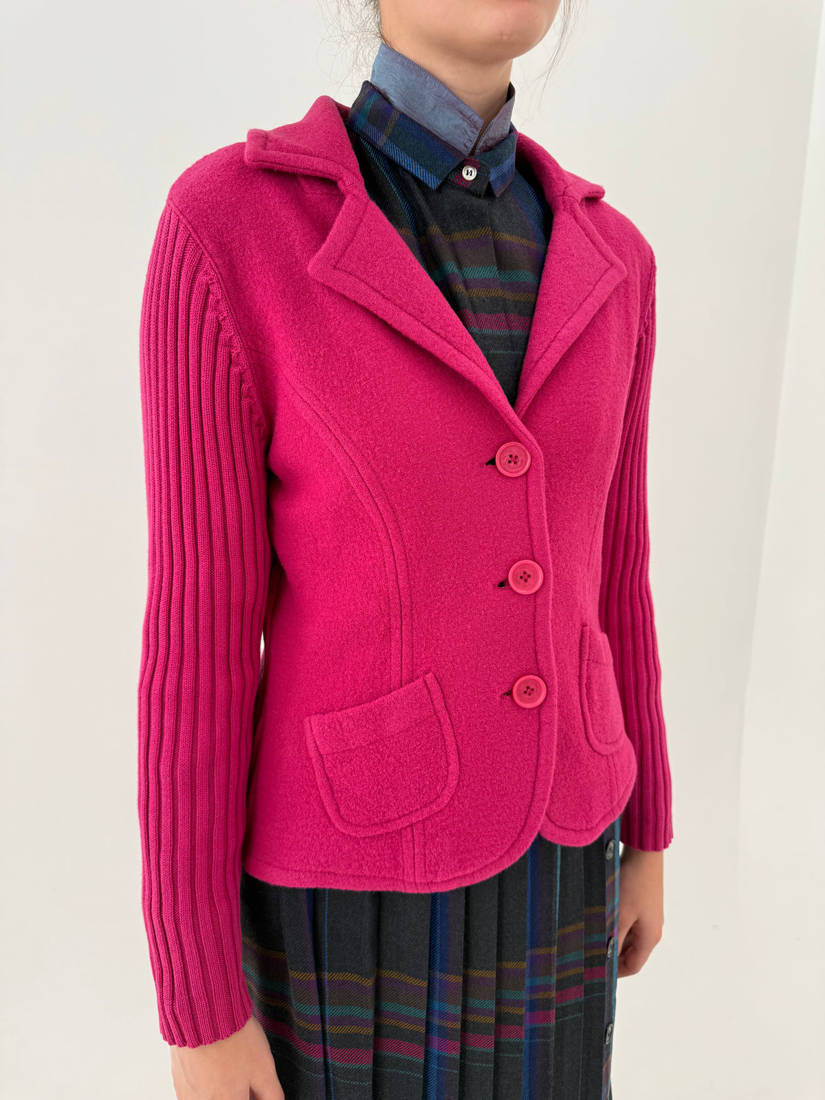 Sacou italian fucsia din boiled wool și bumbac în croi cambrat
