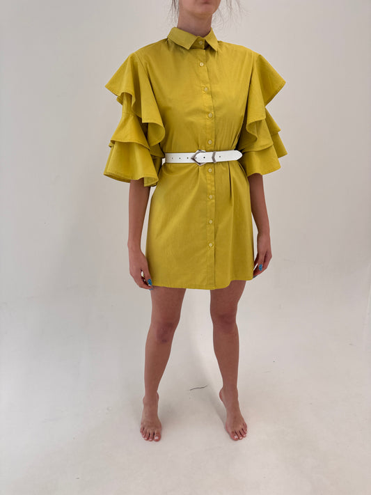 Rochie chartreuse cu mâneci spectaculoase din poplin de bumbac