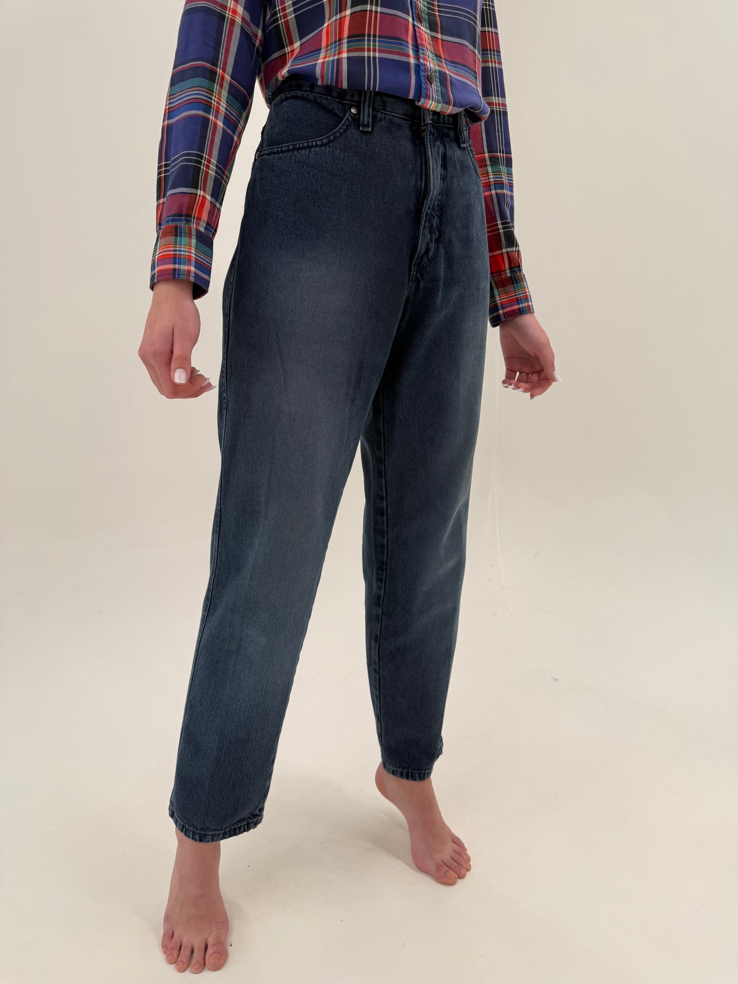 Jeans vintage dark wash tall americani din bumbac gros cu talie ultra înainta