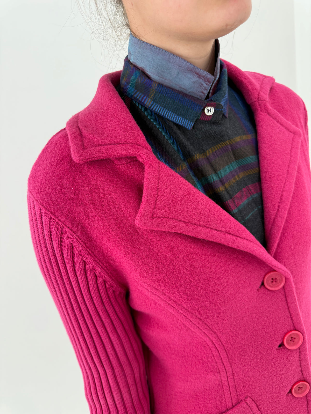 Sacou italian fucsia din boiled wool și bumbac în croi cambrat