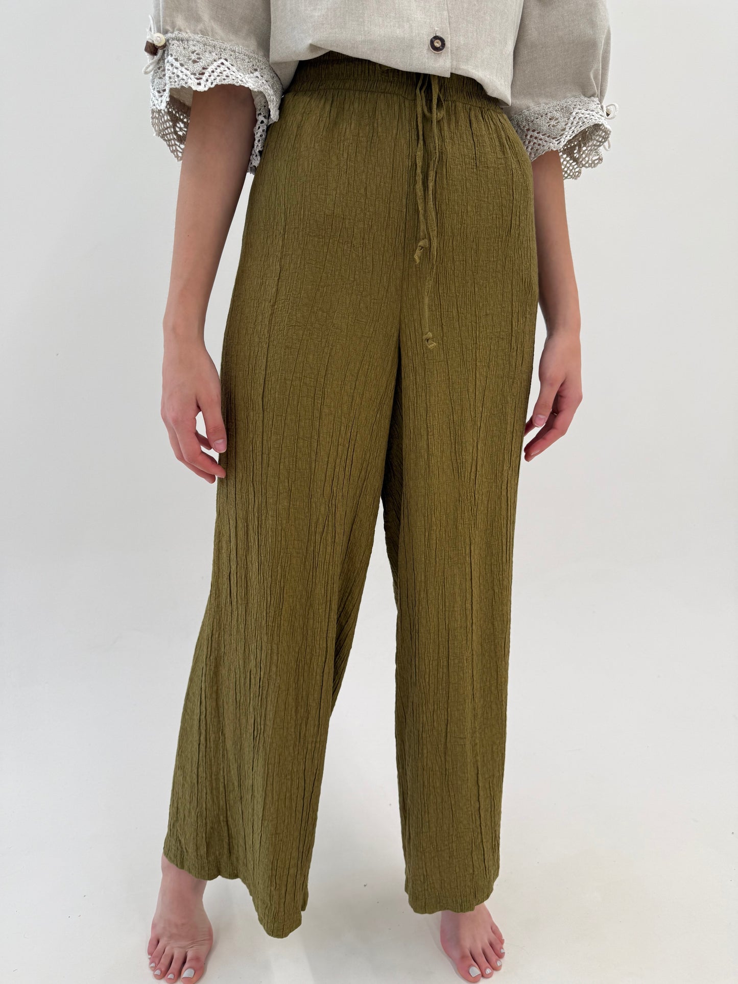 Pantaloni tall kaki din panzica no iron cu talie ultra înaltă elastică