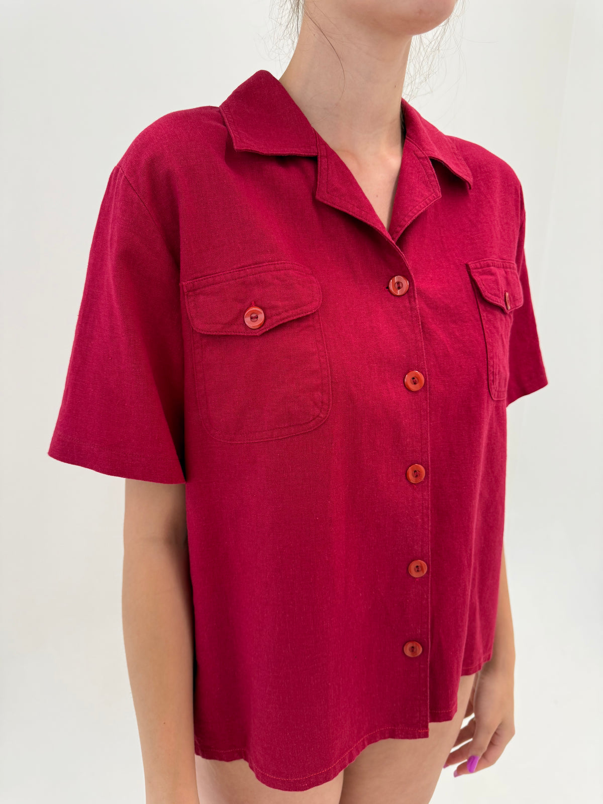Cămașa dark cherry red din canvas de bumbac și in