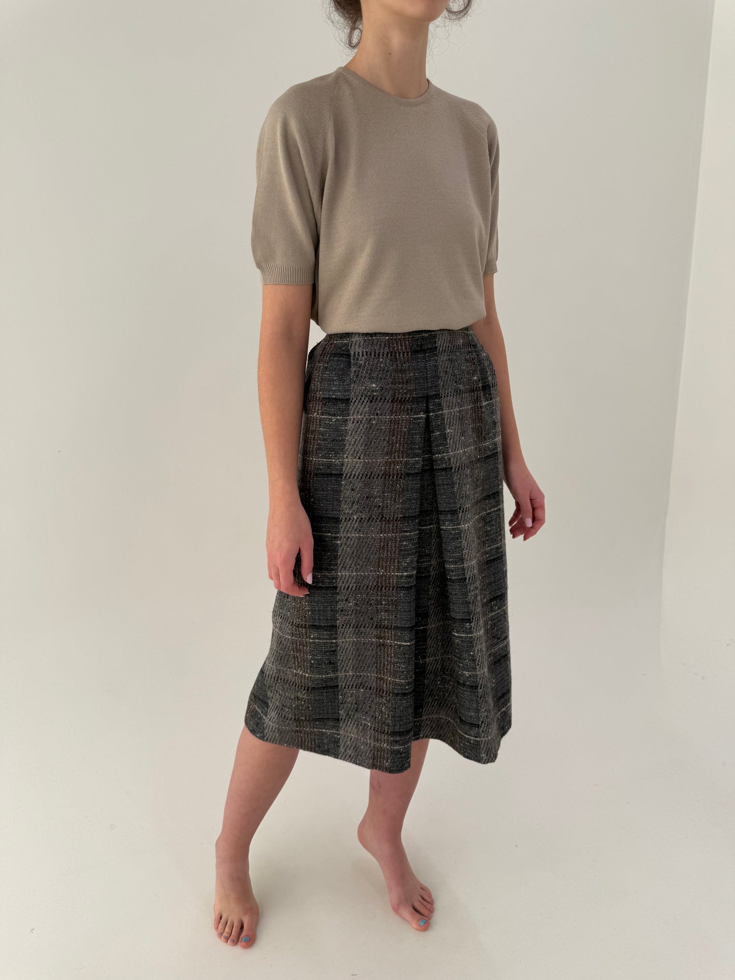Fustă vinatge din Tweed de lana pura în culori neutre și talie ultra înaltă