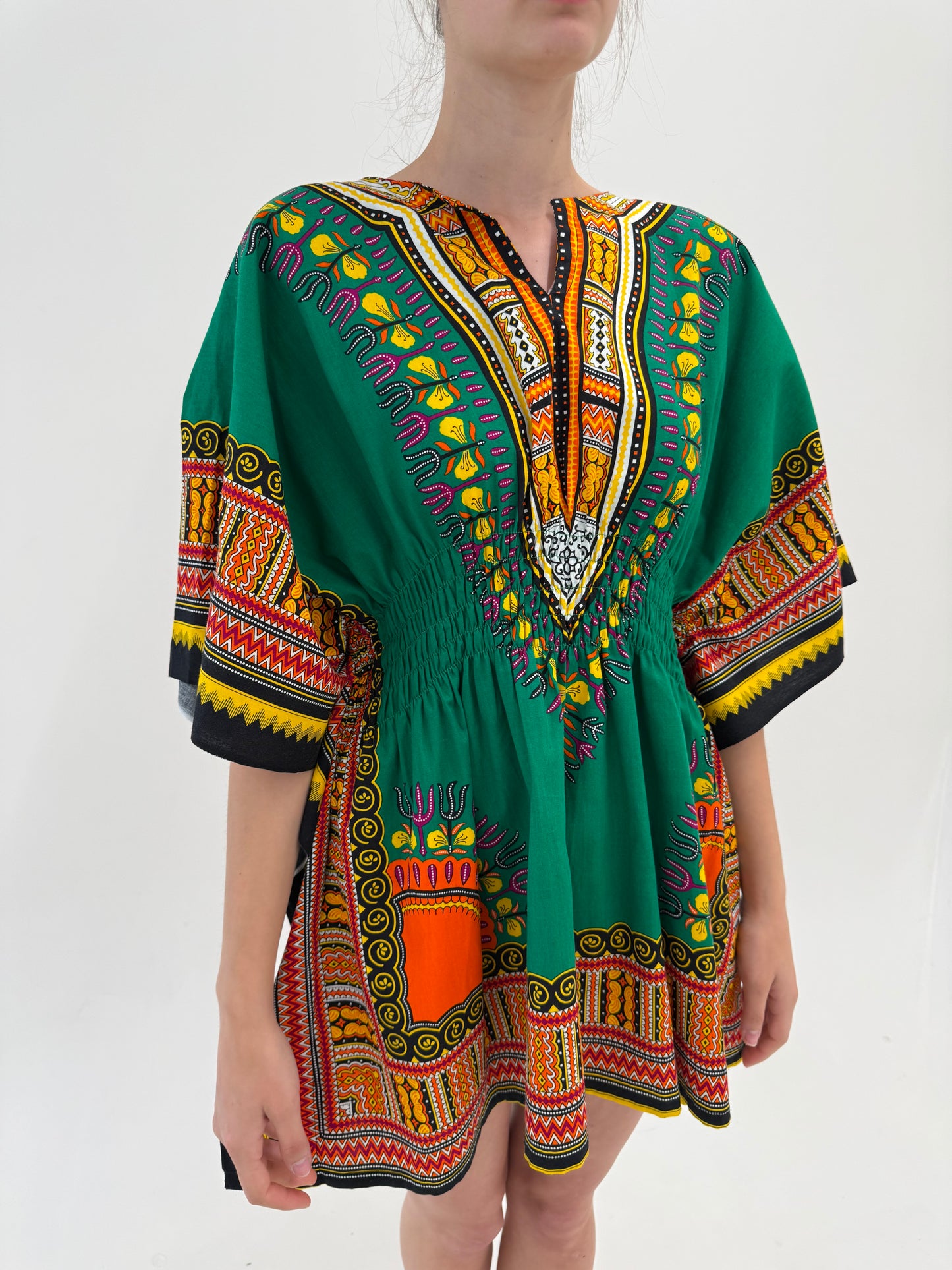 Rochie tip kaftan din pânză de bumbac cu imprimeu în culori tari și talie marcată