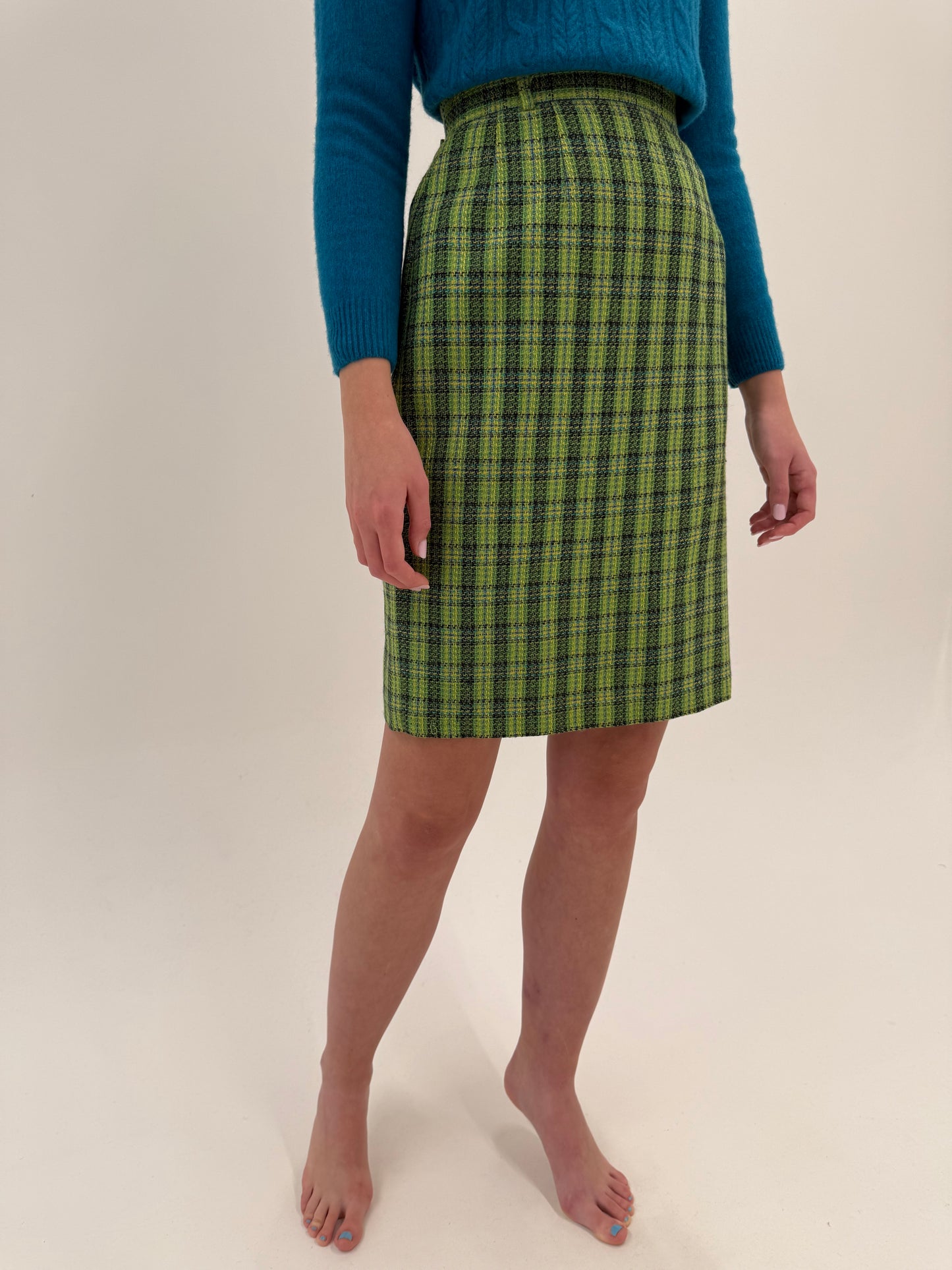 Fustă lime green in stil Chanel din tweed conică cu talie ultra înaltă