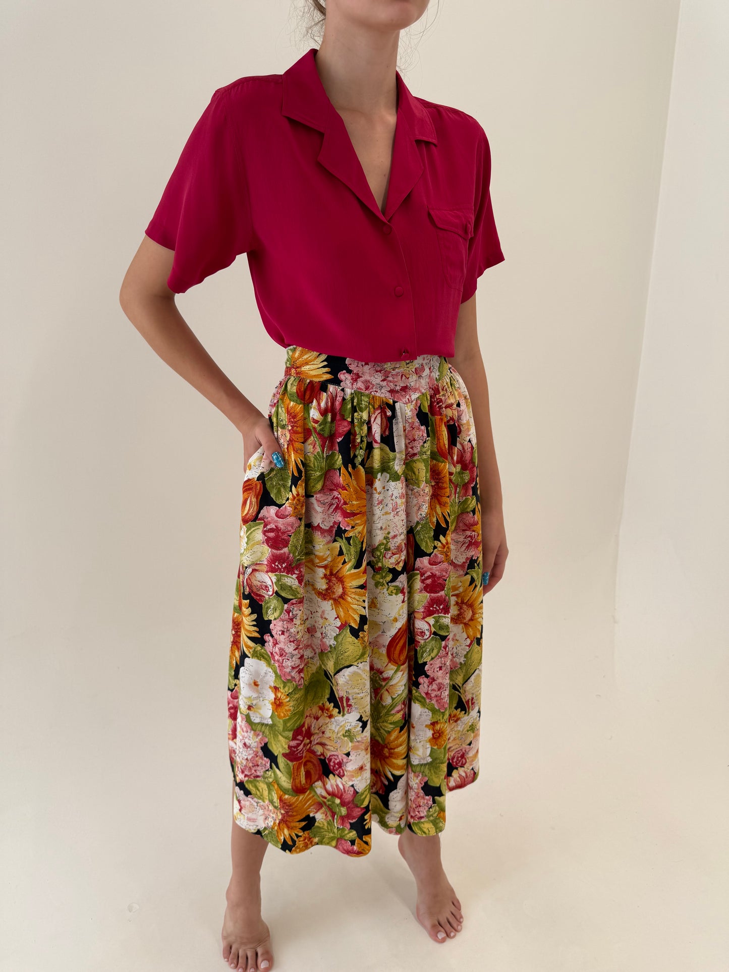 Fustă pantaloni super vaporoasă cu print floral superb și talie ultra înaltă elastică