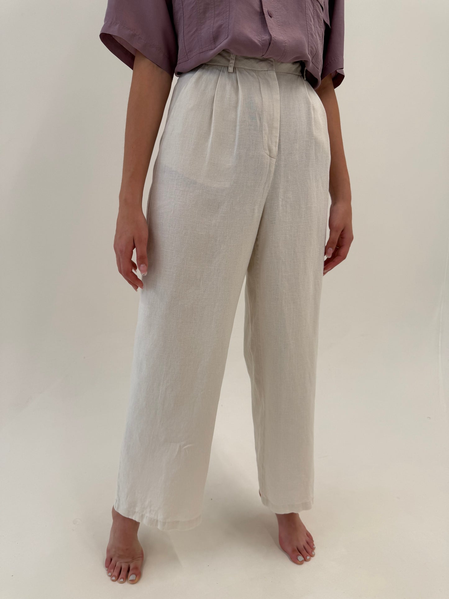 Pantaloni off white tall din pânză premium din in cu pense și talie ultra înaltă