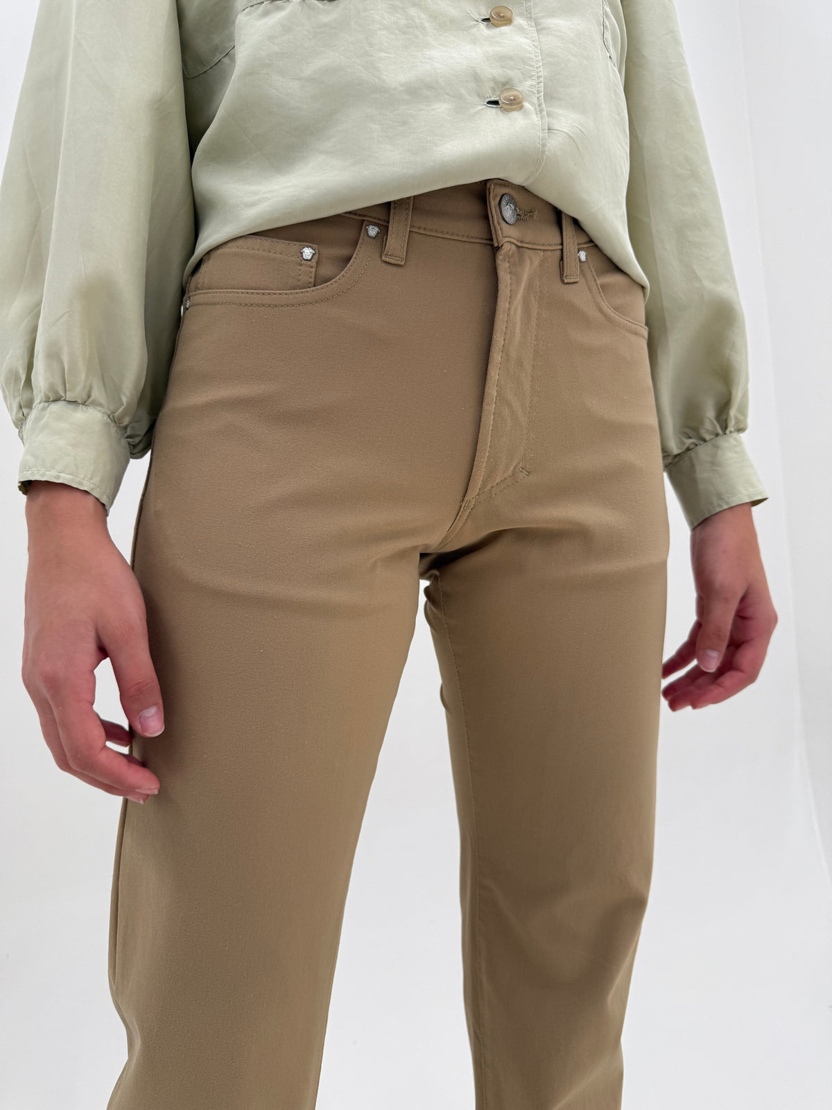 Pantaloni tall Versace vintage camel din material plin ultra modelator straight leg