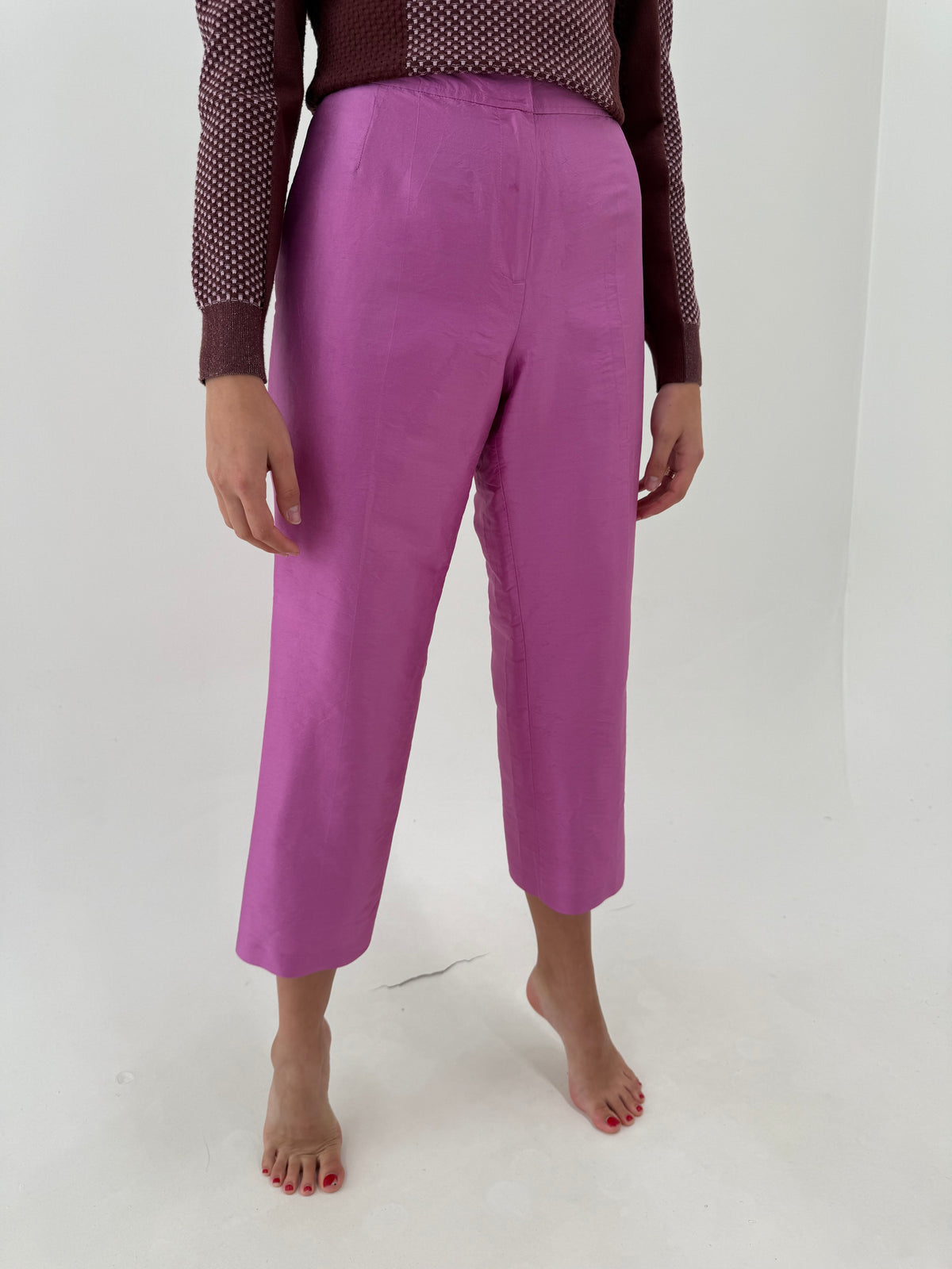 Pantaloni violet Pink petite din mătase naturală groasă dupioni de la zi la seară
