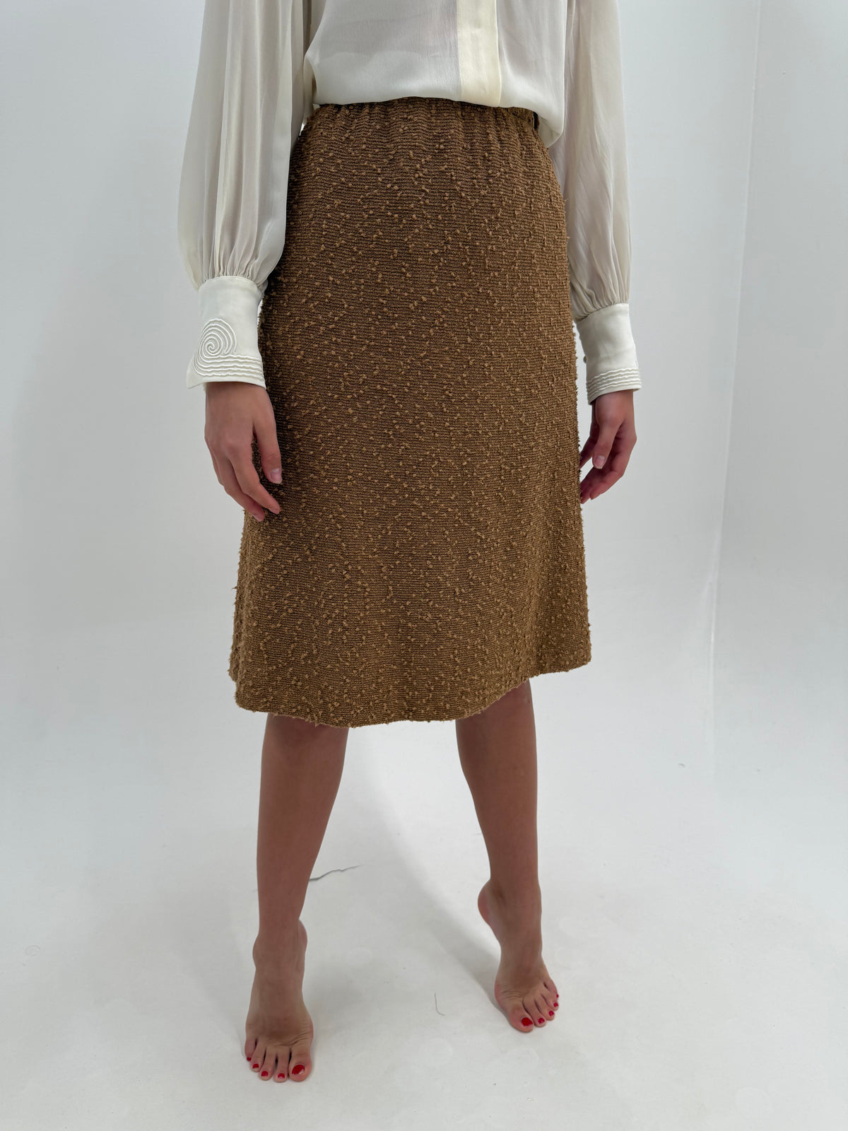 Fustă vintage camel din tricot texturat superb midi cu buzunare