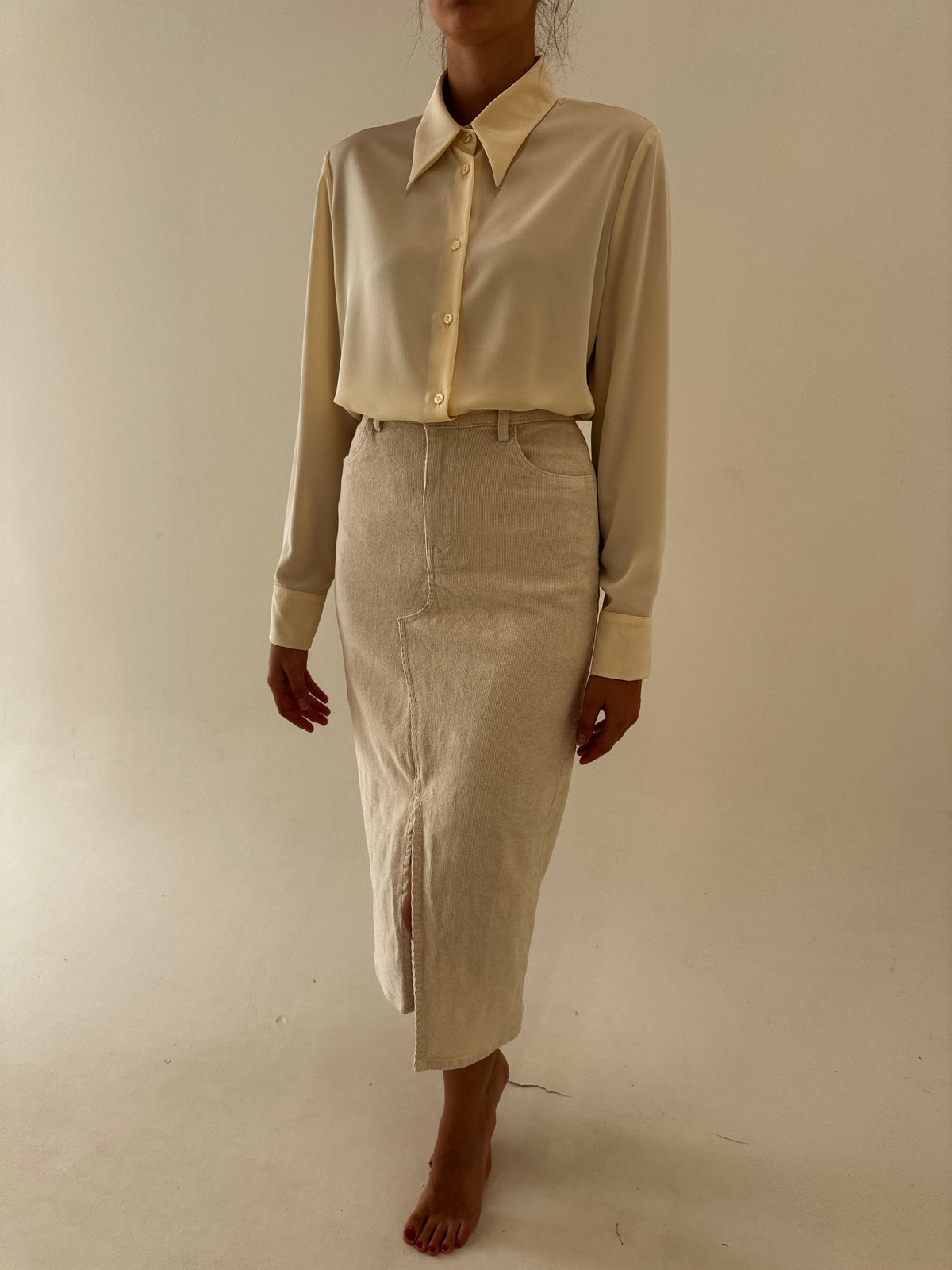 Fustă maxi creion butter white din catifea raiata fin ultra confort modelatoare