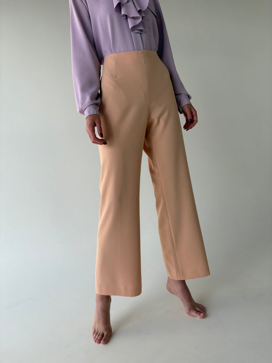 Pantaloni spre palazzo peach nude din stofita cu talie înaltă