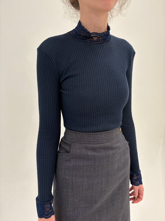 Maleta Navy ‘micro wool’ ribbed din jerse extrem de fin de la zi la seară