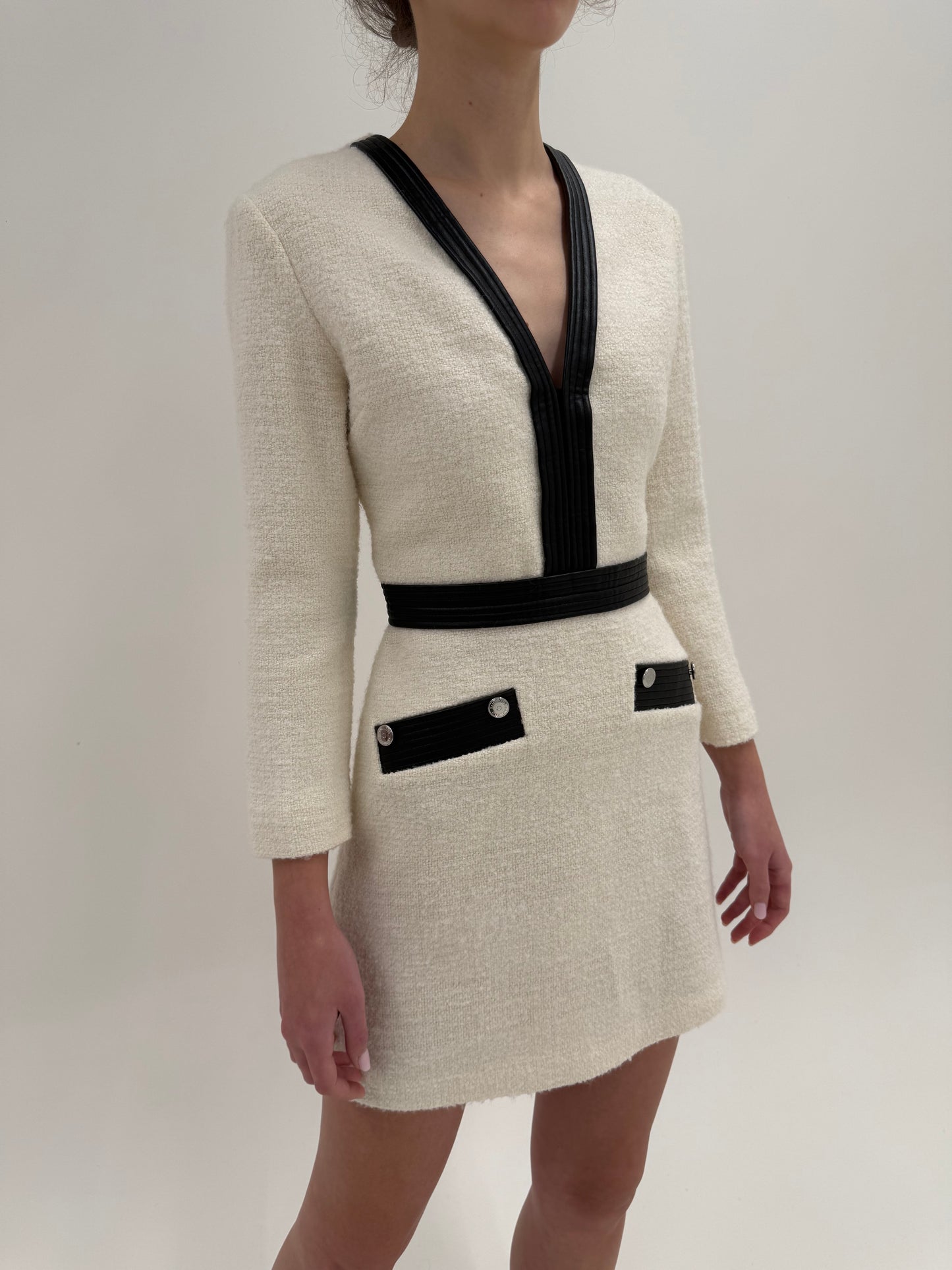 Rochie Maje din tweed de lana cu talie ultra înaltă marcată