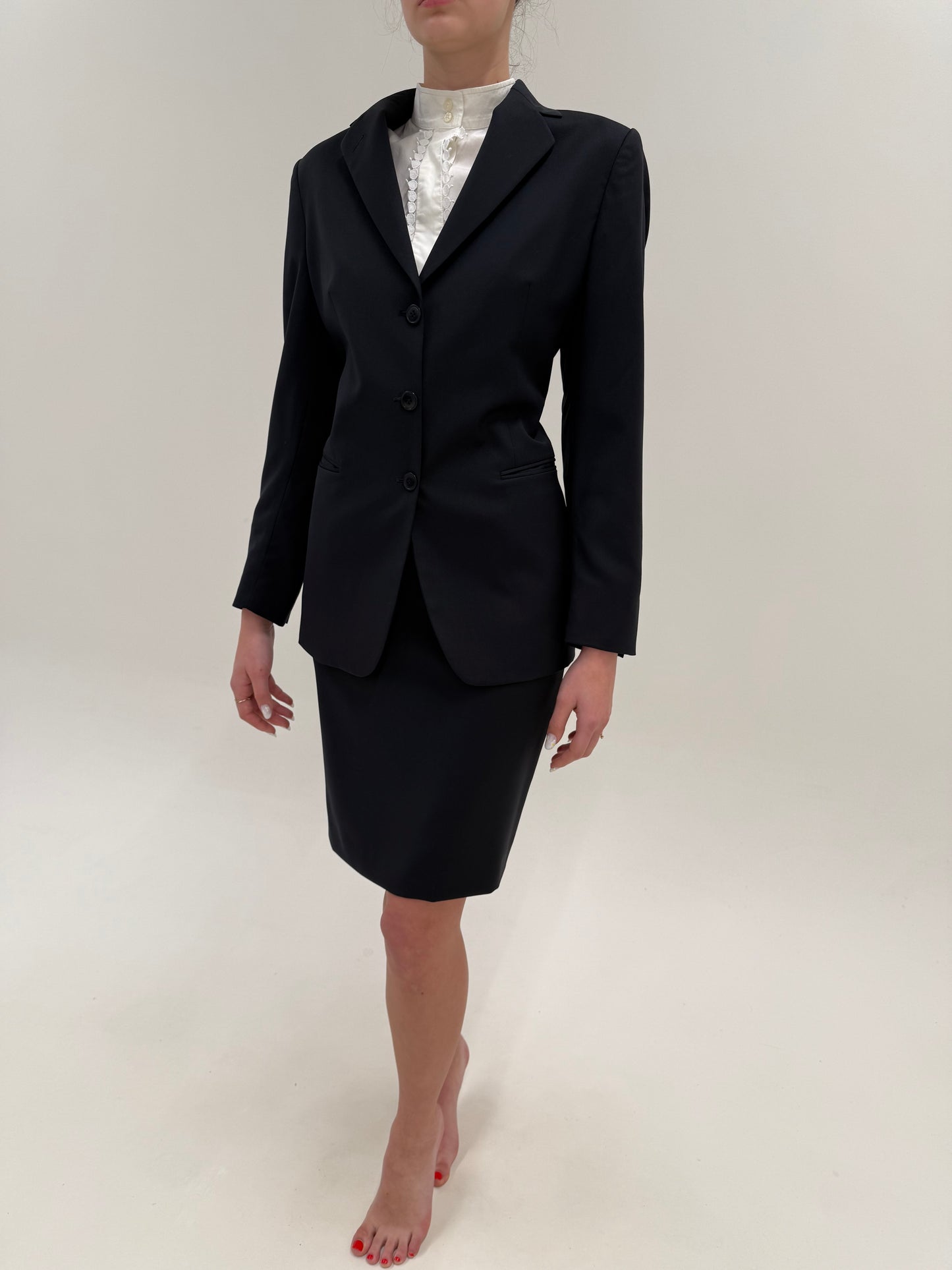 Deux piece Burberry business clasic cu sacou cambrat și fustă creion Navy blue