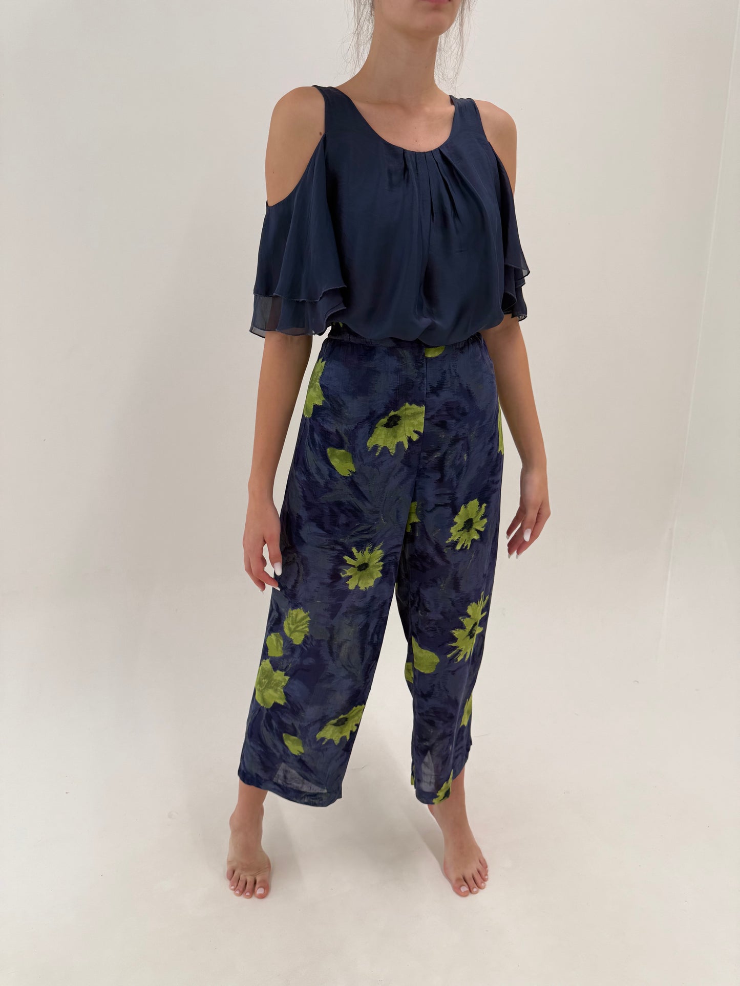Pantaloni palazzo super vaporoși jeans blue cu talie ultra înaltă