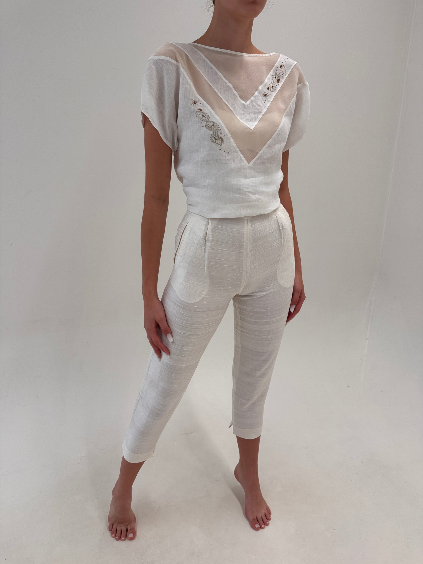 Pantaloni butter white perlati din mătase naturală petite