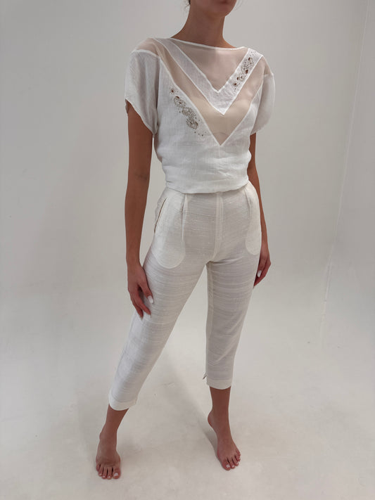 Pantaloni butter white perlati din mătase naturală petite