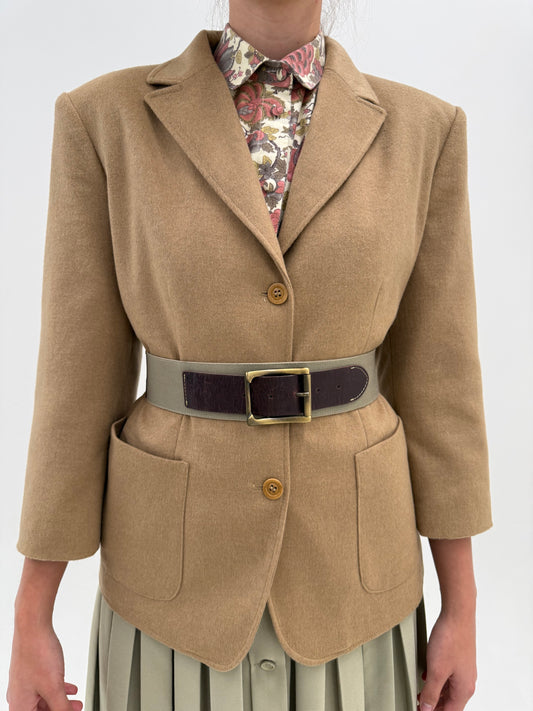 Centura dark brown din piele naturală și textil cu feronerie brass