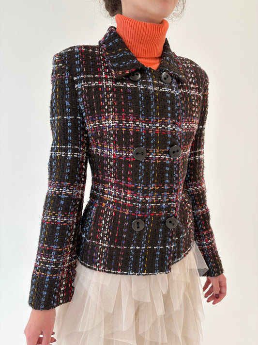 Sacou ușor cambrat în stil Chanel cu închidere dublă din tweed chocolate brown