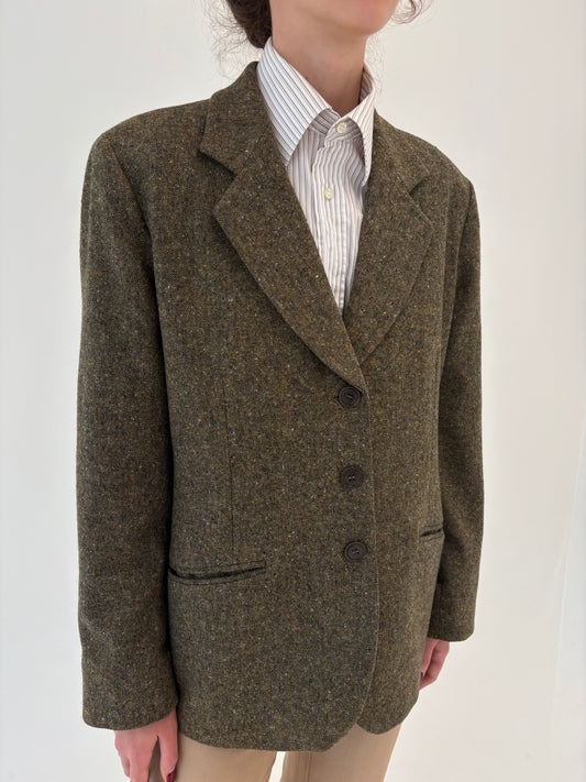Sacou din tweed de lana plină în nuanțe de kaki, ivorie și mustariu