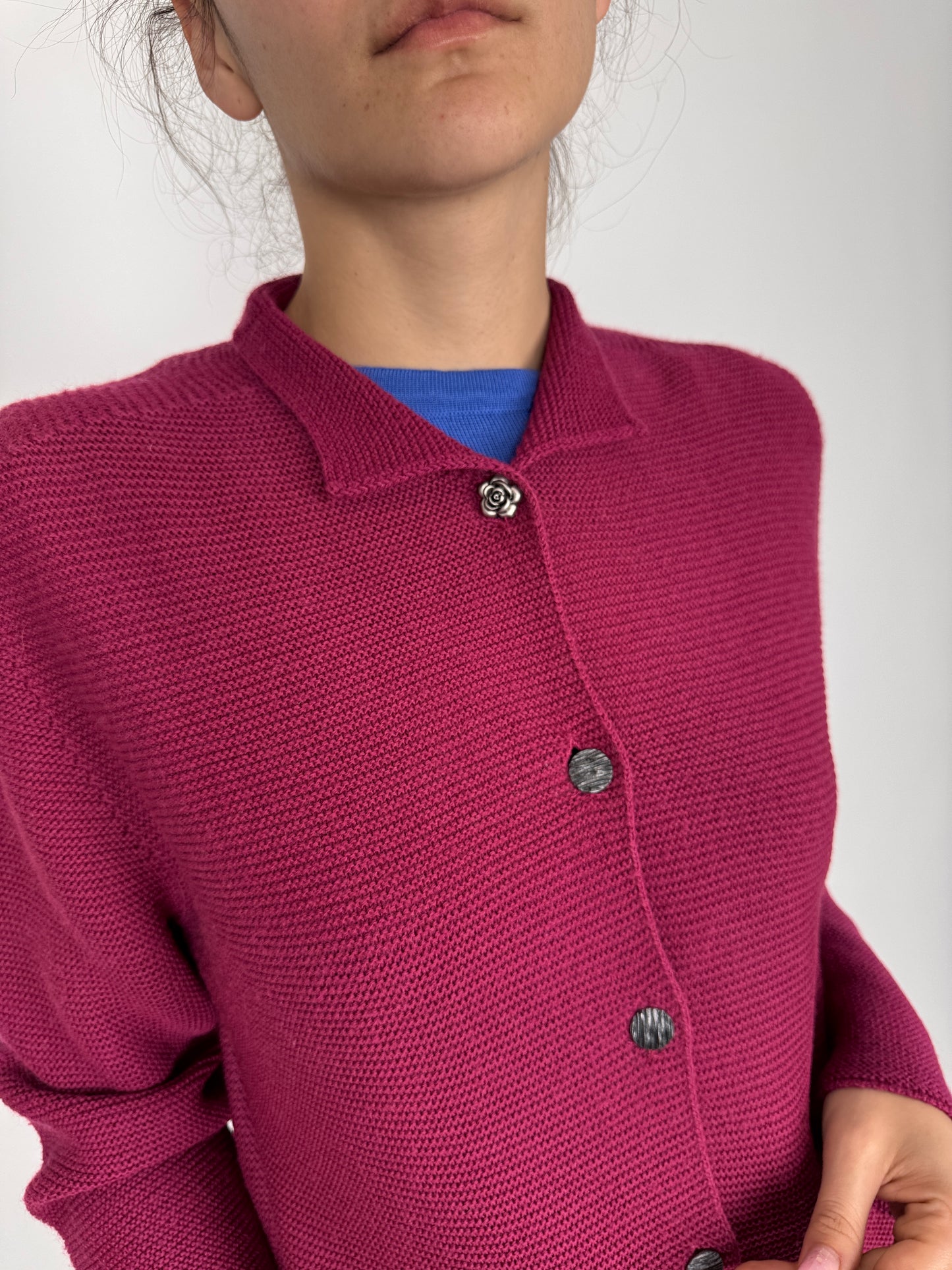 Cardigan italian rasberry red 80% lana extrafina texturată