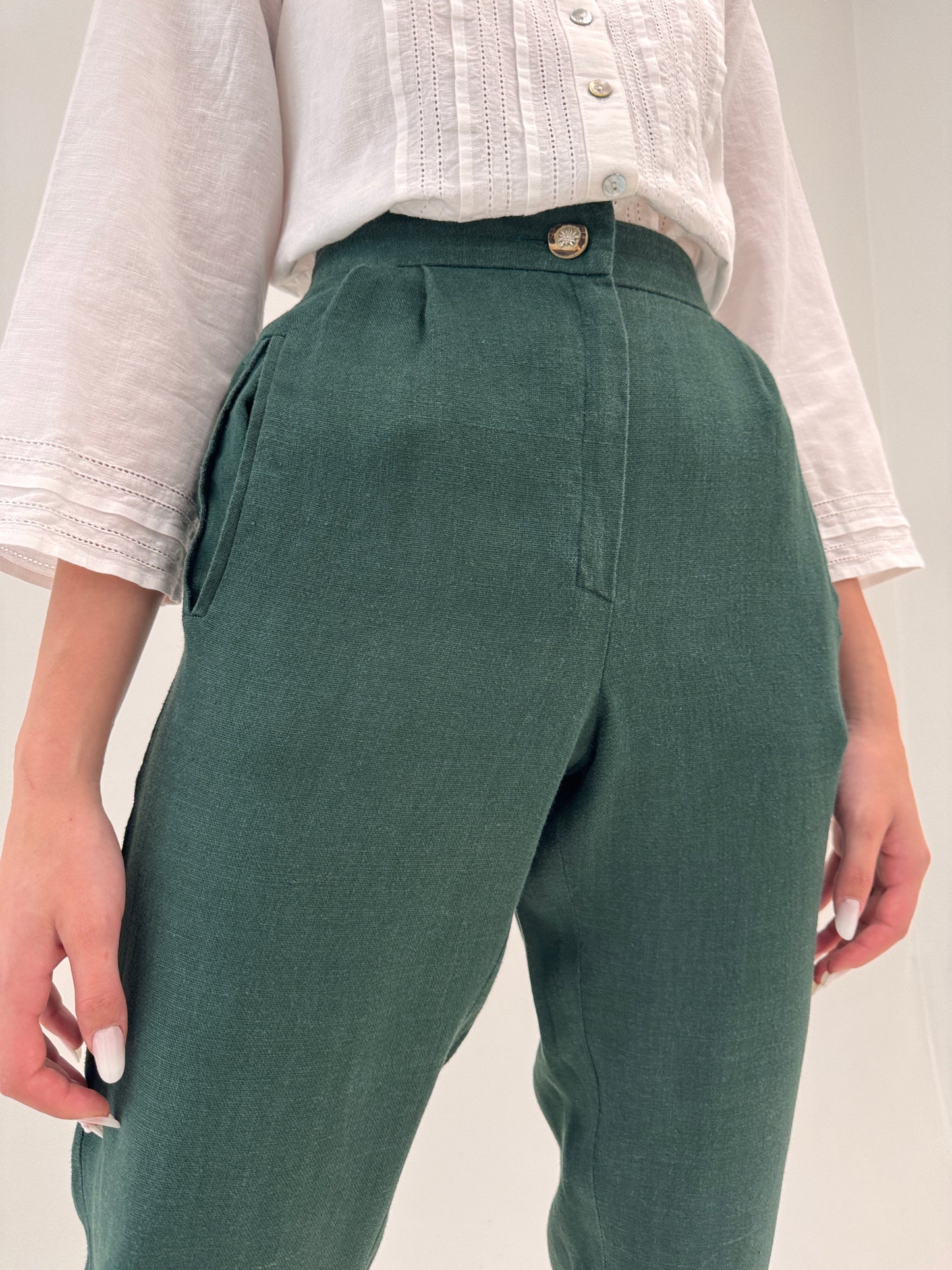 Pantaloni vintage dark green din pânză excepțională de in țigaretă