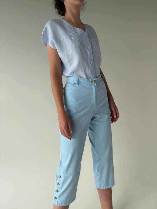 Pantaloni luxury Elegance petite baby blue cu feronerie aurie ușor modelatori