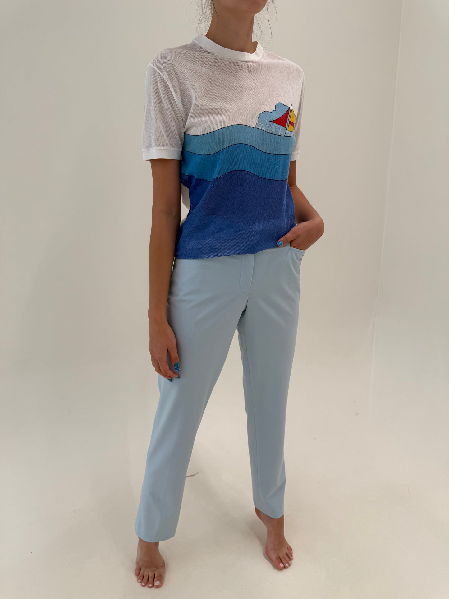 Pantaloni tall premium Madeleine baby blue din canvas ultra confort de bumbac