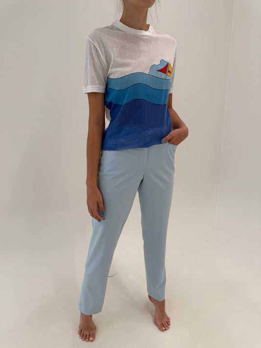 Pantaloni tall premium Madeleine baby blue din canvas ultra confort de bumbac