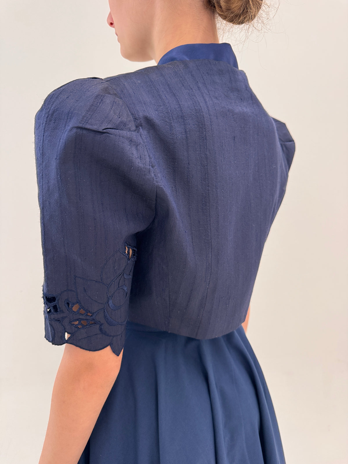 Sacou vintage din canvas de mătase naturală Navy blue cu broderie anglaise