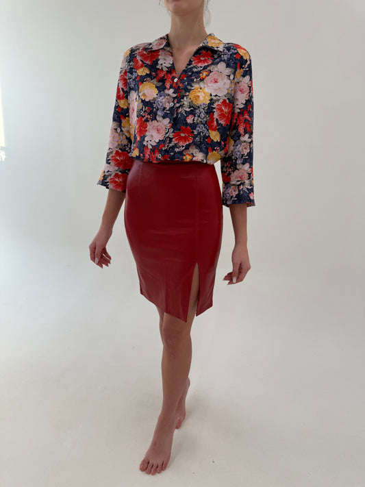 Fustă din piele naturală extrem de moale dark red cu talie ultra înaltă