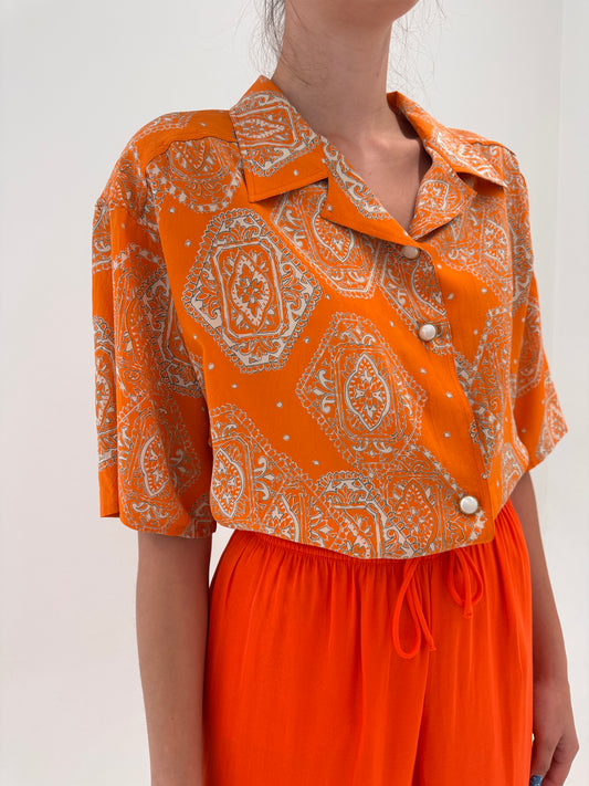 Cămașa vintage italiană oranj din mătase naturală cu print paisley