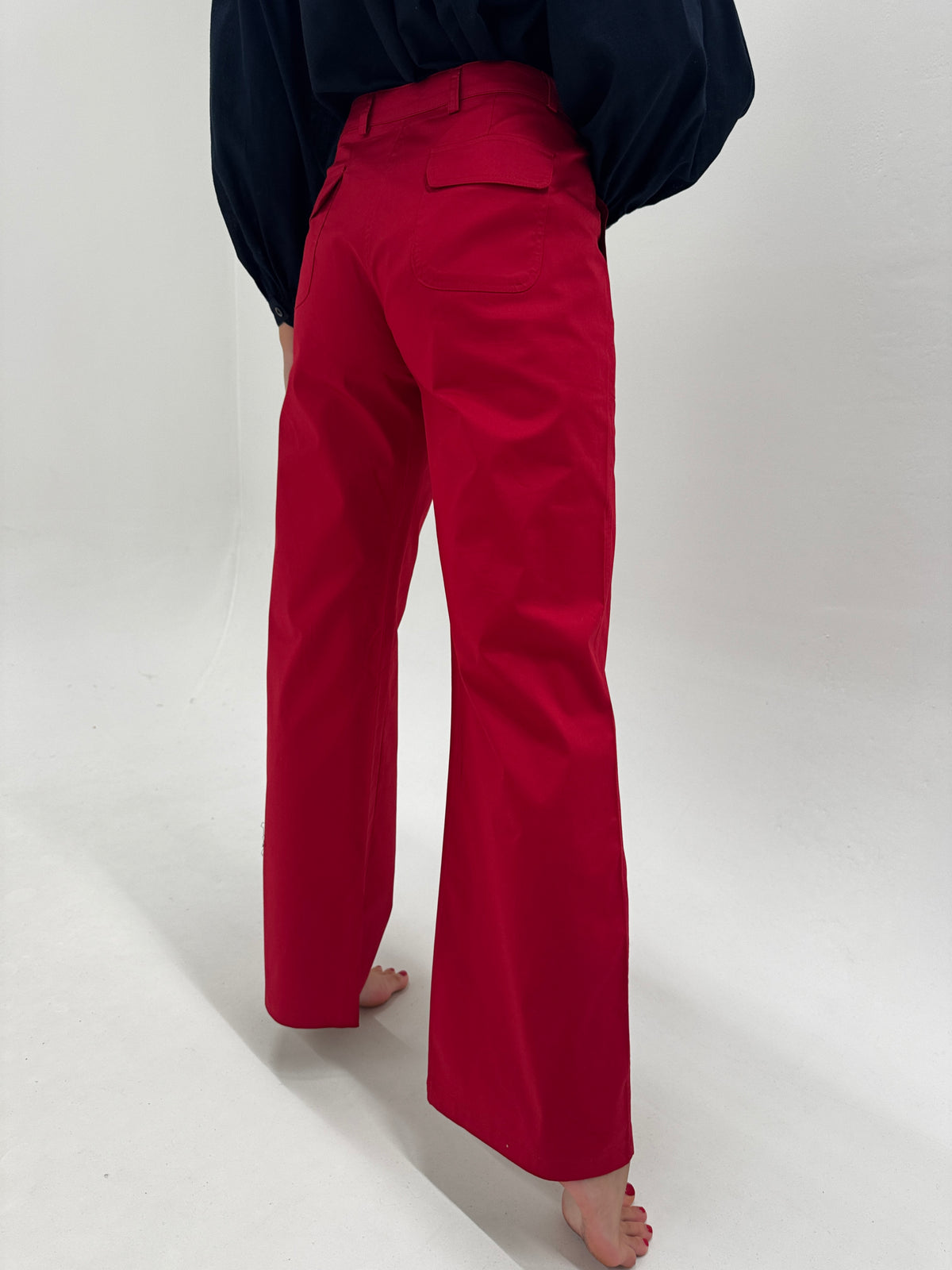 Pantaloni italienești dark cherry red din bumbac gros modelator cu solduri generoase