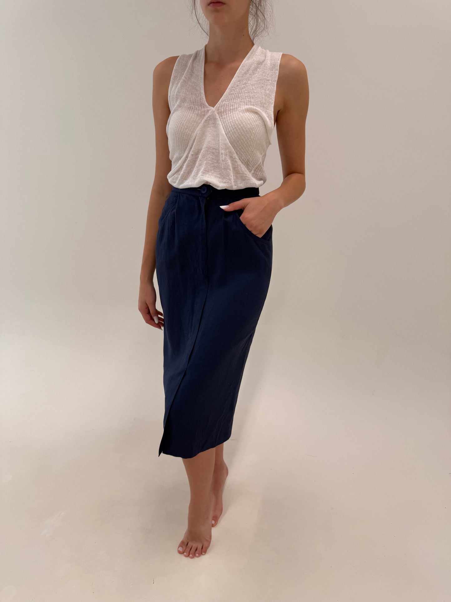 Fustă creion midi spre maxi Navy din pânză excepțională de in cu buzunare