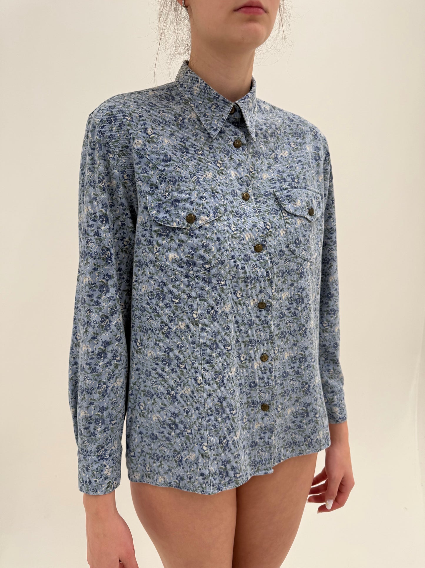 Cămașa vintage luxury Cacharel baby blue din bumbac cu print floral