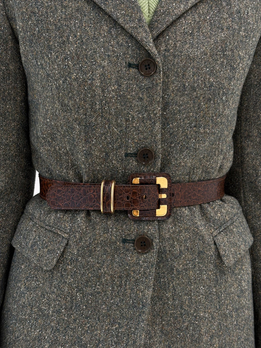 Centura vintage chocolate brown texturată cu feronerie aurie