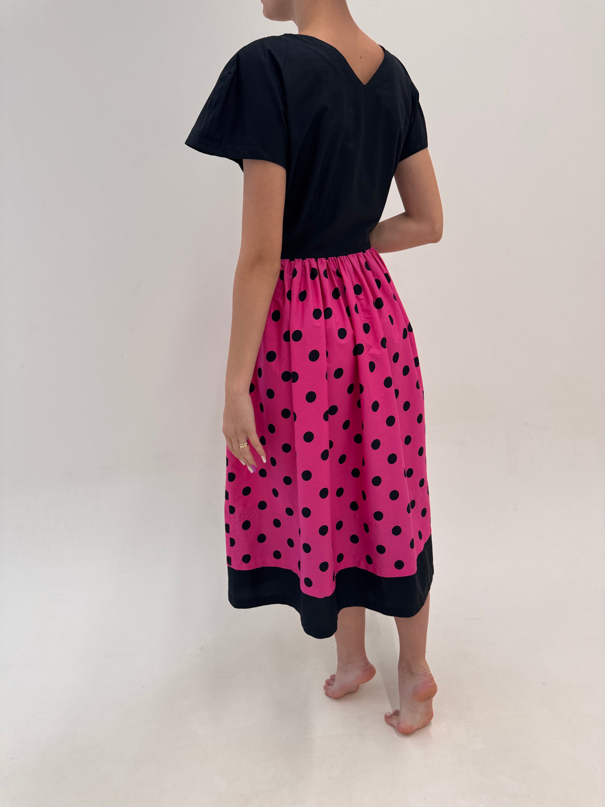 Rochie vintage italiană maxi cu buline în croi de ani 50 din bumbac premium