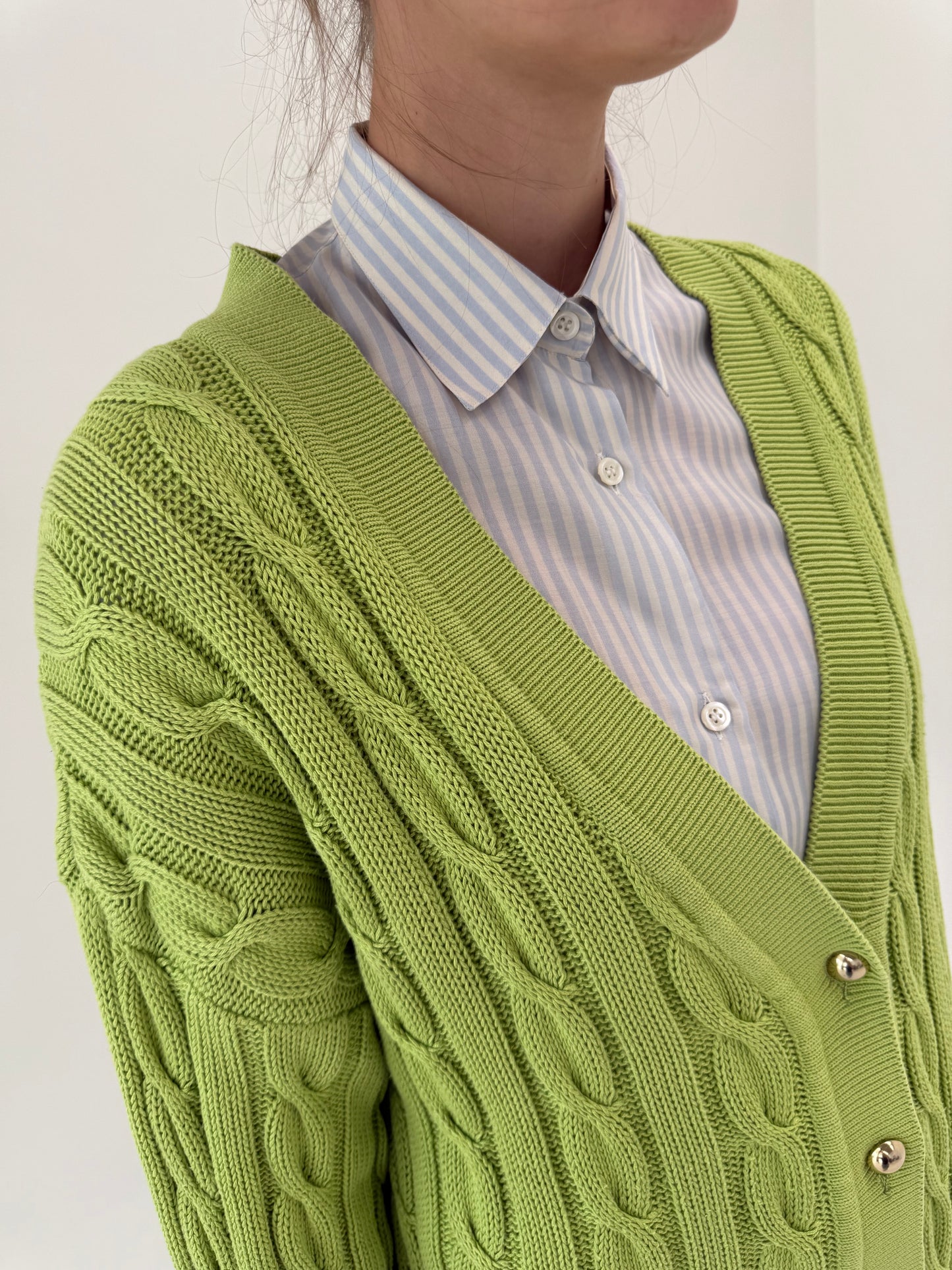 Cardigan italian verde crud cu torsade din bumbac de gramaj mare in croi lejer