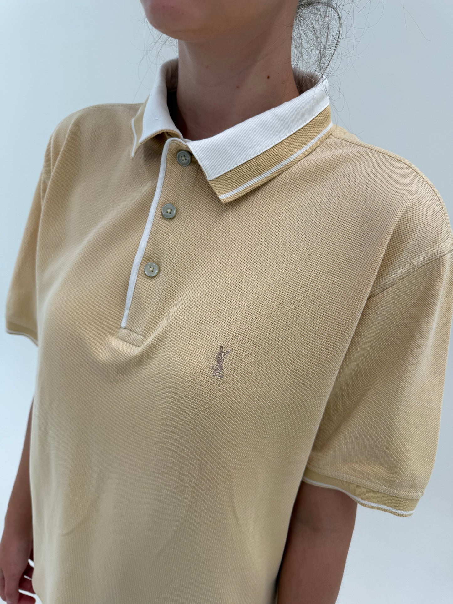 Top polo camel Yves Saint Laurent din bumbac texturat