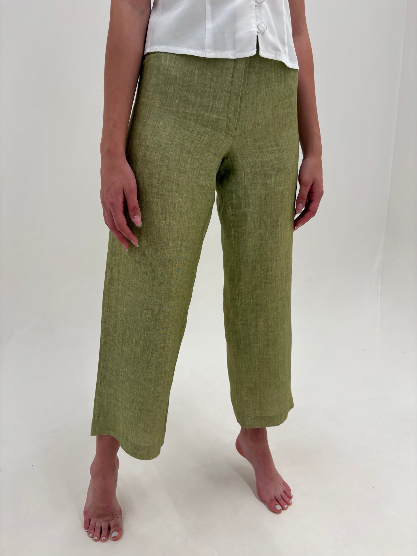 Pantaloni olive green din in în croi spre palazzo petite