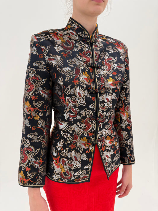 Sacou asiatic luxury din jacquard de mătase naturală negru cu argintiu