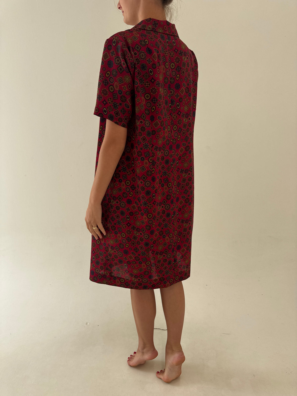 Rochie vintage burgundy din lana excepțională extrafina imprimată manual