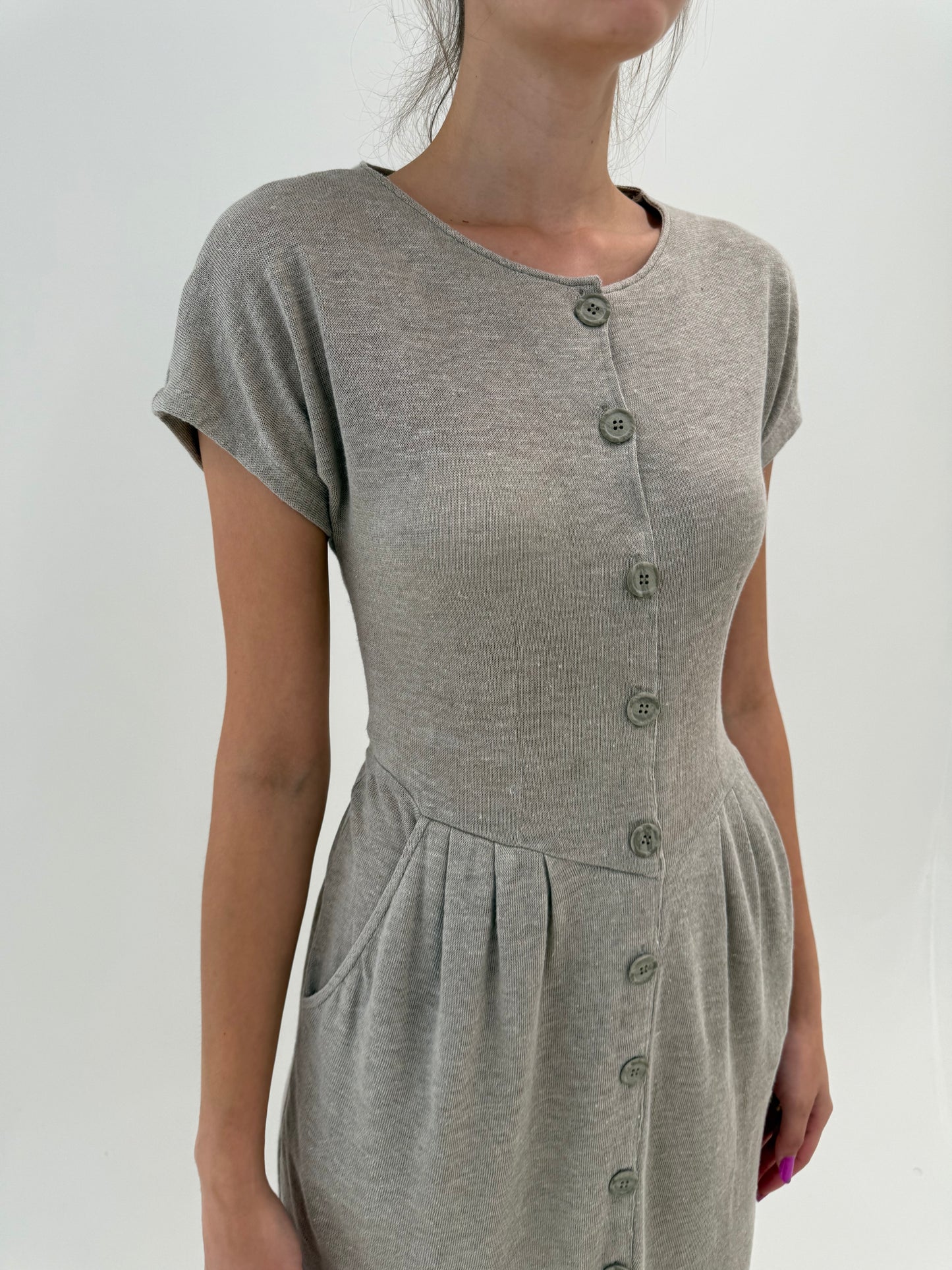 Rochie maxi vintage cu talie marcată din jerse excepțional de in sand nude