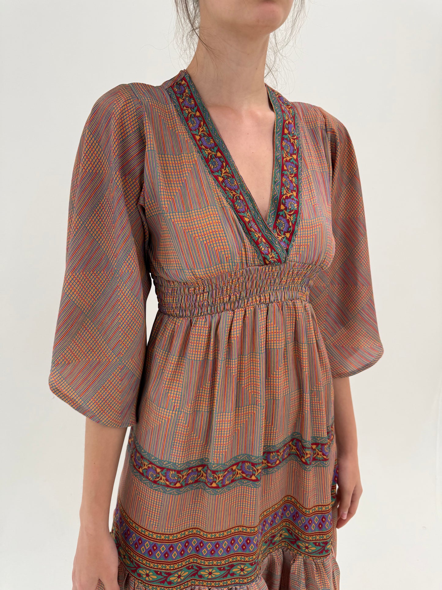Rochie maxi boho cu talie ultra înaltă elastică din mix de mătase naturală