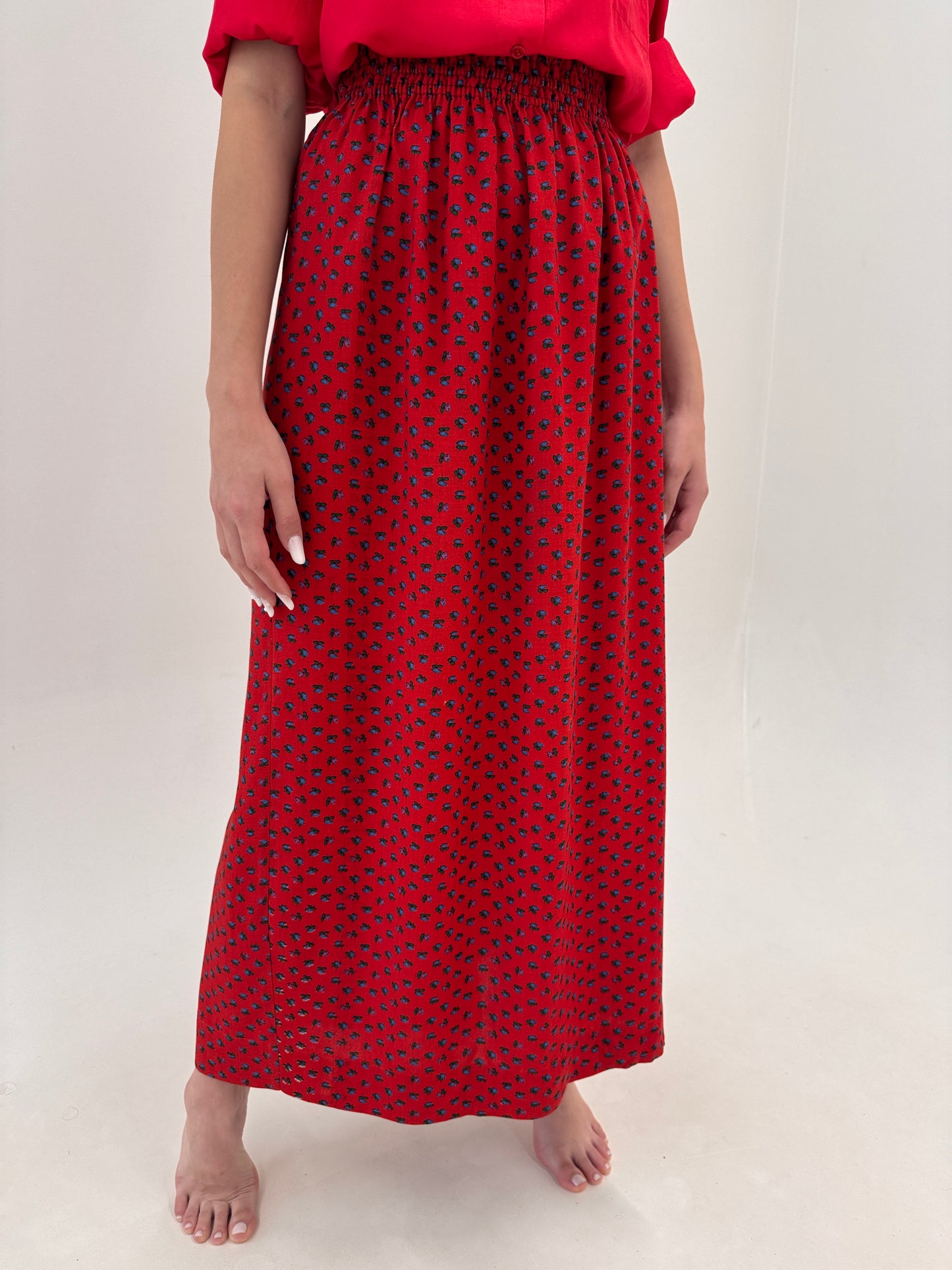 Fustă maxi tall din pânză excepție bumbac ruby red cu print floral și talie elastică