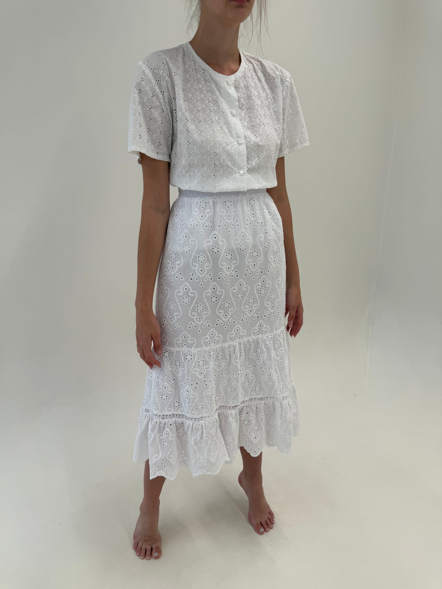 Fustă midi spre maxi din bumbac premium integral cu broderia anglaise