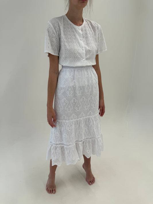 Fustă midi spre maxi din bumbac premium integral cu broderia anglaise